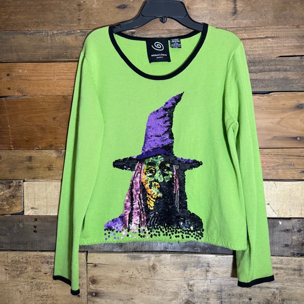 Vintage Michael Simon Halloween Witch Sequin Cardigan Sweater ~ Women’s Small